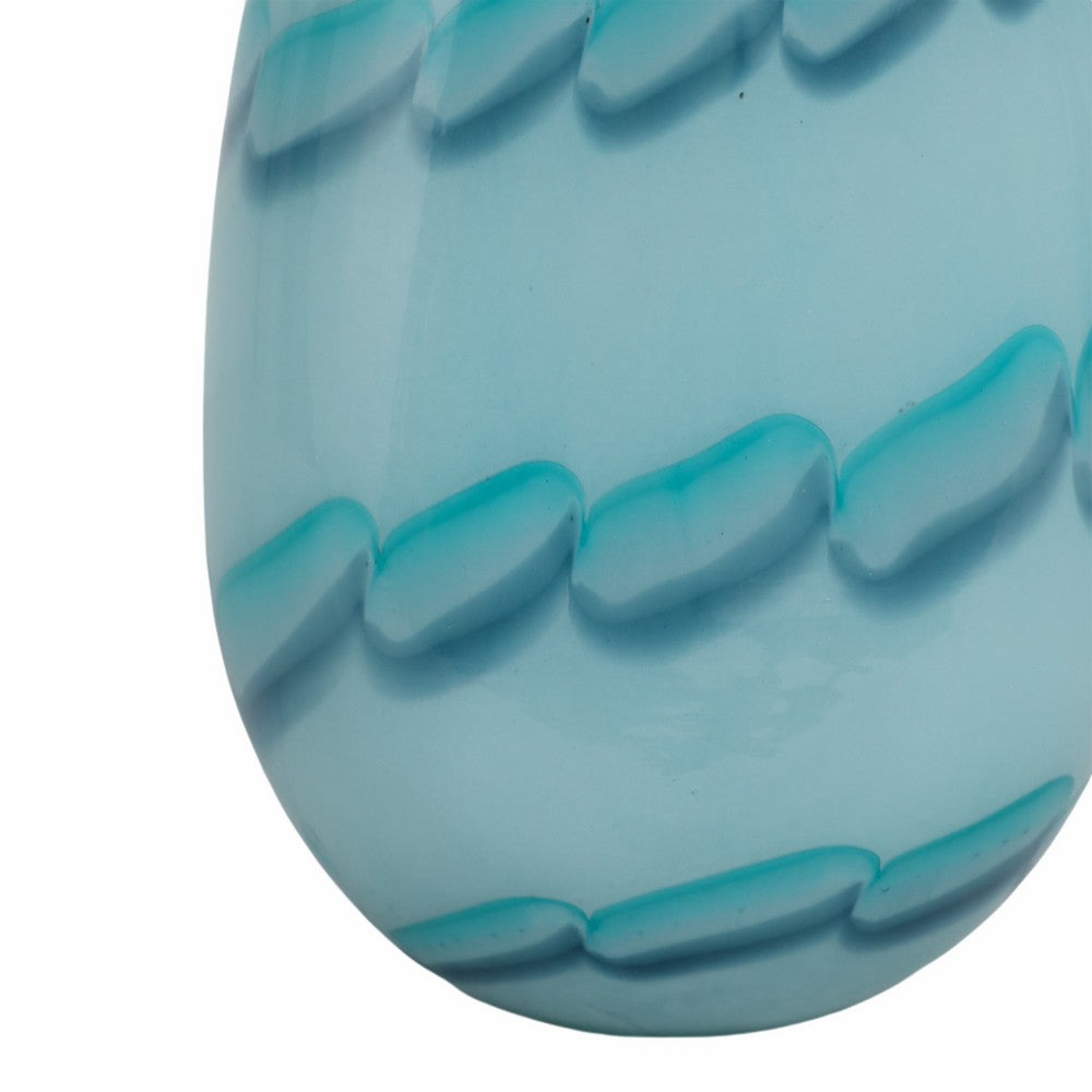 Decorative Table Flower Vase | Ocean Blue Bead Pattern Glass | 9"