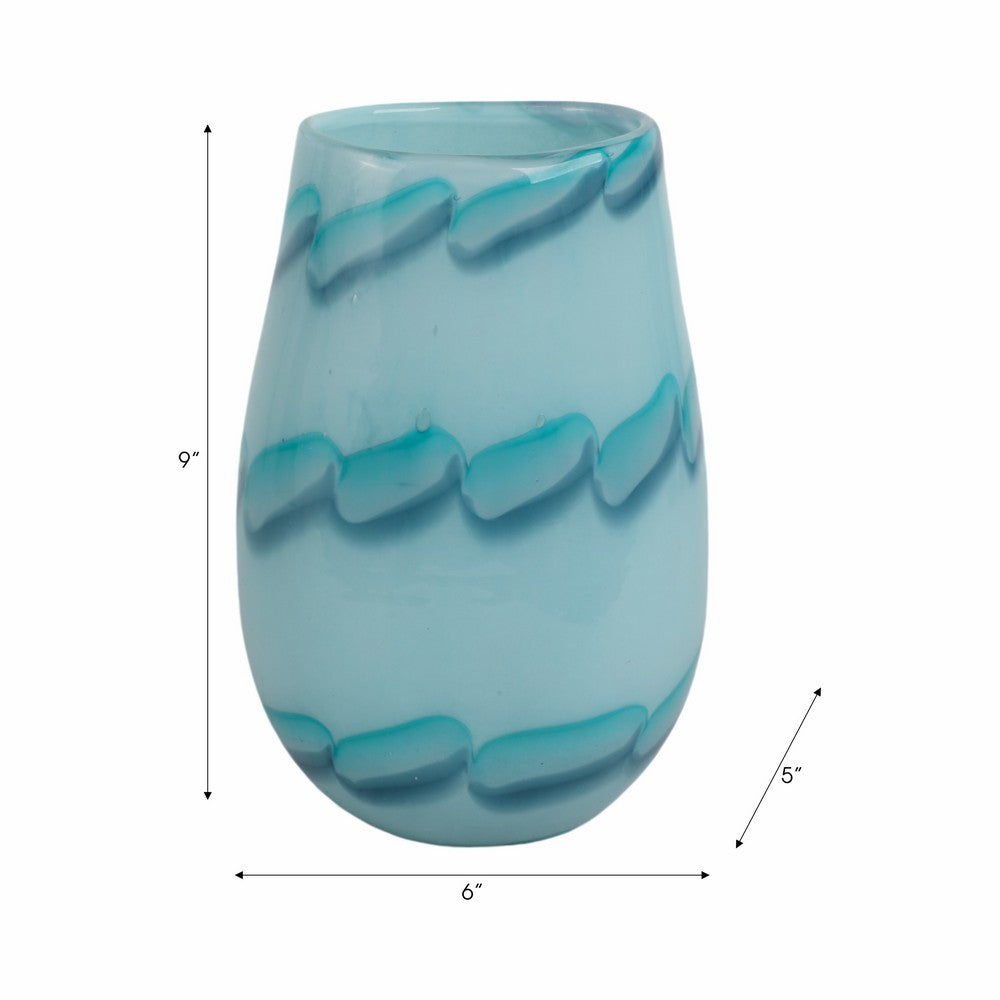 Decorative Table Flower Vase | Ocean Blue Bead Pattern Glass | 9"