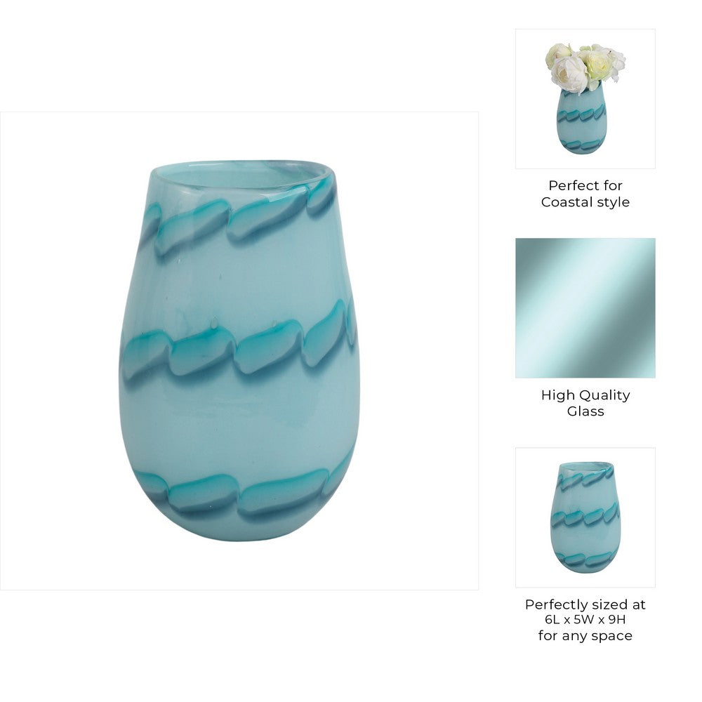 Decorative Table Flower Vase | Ocean Blue Bead Pattern Glass | 9"