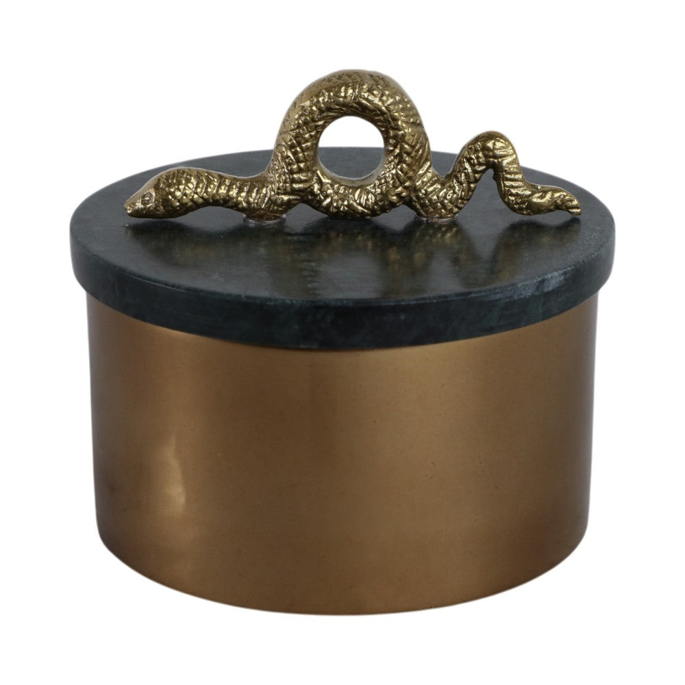 Decorative Box | Bronze Metal Frame with Snake Accent Handle | Green Marble