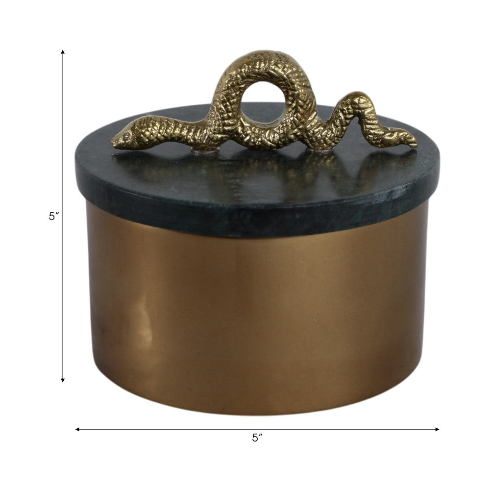 Decorative Box | Bronze Metal Frame with Snake Accent Handle | Green Marble