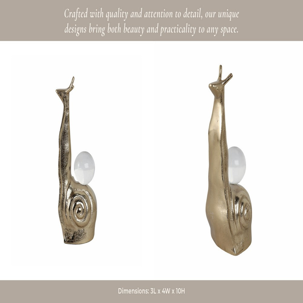 Decorative Snail Accent with Clear Acrylic Ball | 10" Gold Aluminum