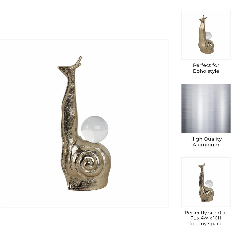 Decorative Snail Accent with Clear Acrylic Ball | 10" Gold Aluminum