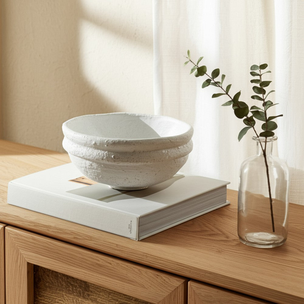 Decorative Accessory Bowl | 12" Round | White Textured Finish Terracotta