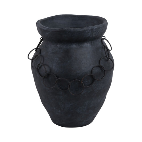 Decorative Urn Vase with Chain | Bohemian Rustic Black Terracotta 12"