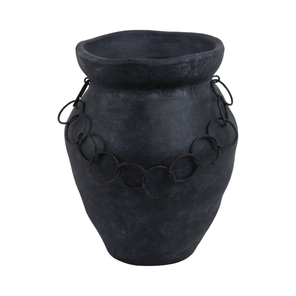 Decorative Urn Vase with Chain | Bohemian Rustic Black Terracotta 12"