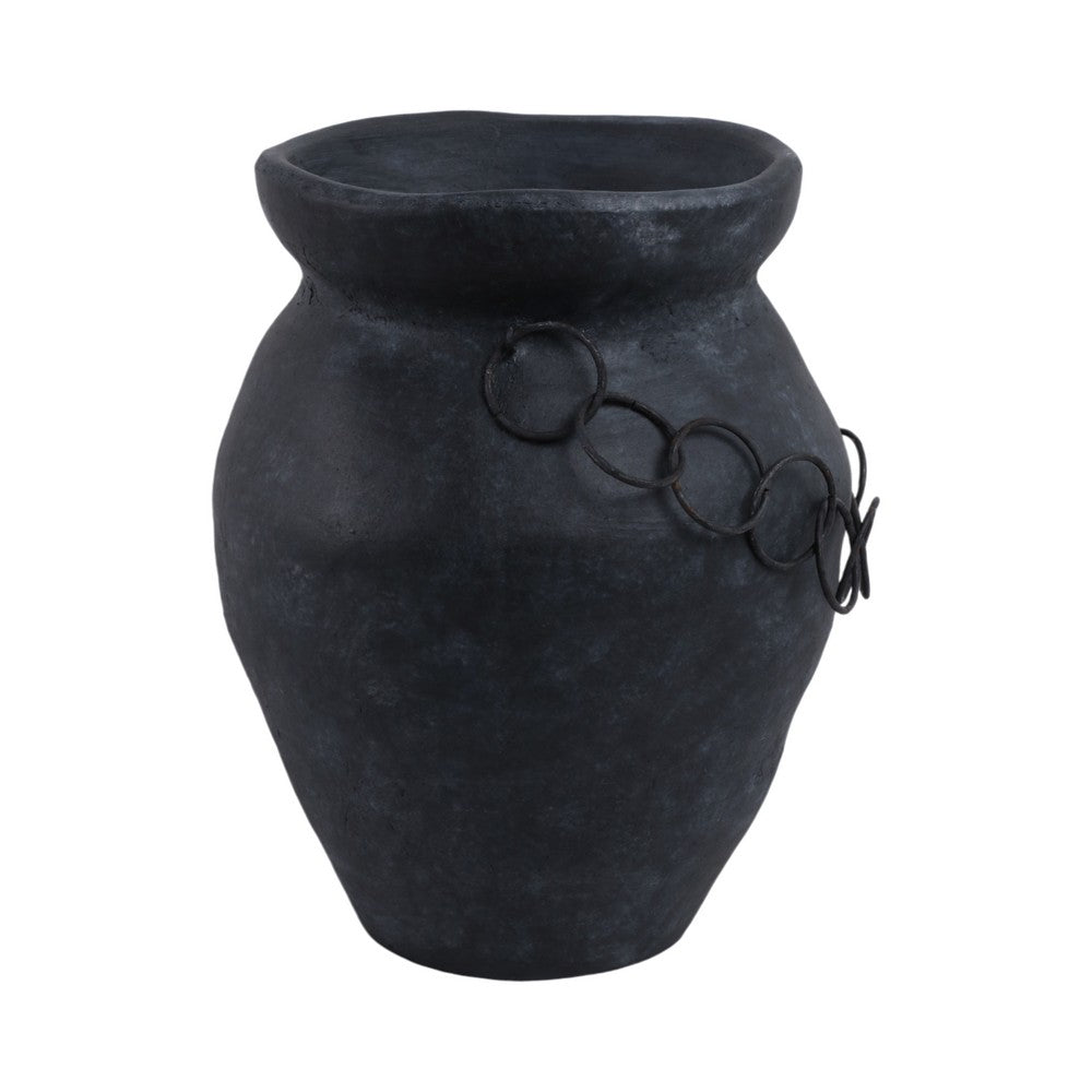 Decorative Urn Vase with Chain | Bohemian Rustic Black Terracotta 12"