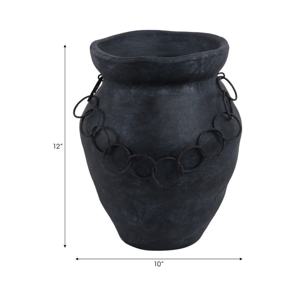 Decorative Urn Vase with Chain | Bohemian Rustic Black Terracotta 12"