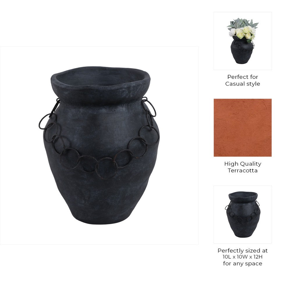 Decorative Urn Vase with Chain | Bohemian Rustic Black Terracotta 12"