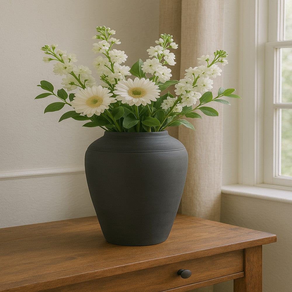 Minimalist Ribbed Texture Floor Flower Vase | 16" | Black Terracotta