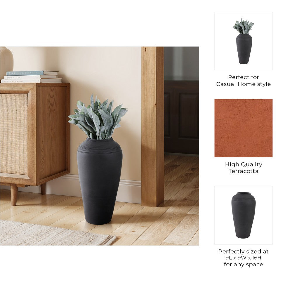 Minimalist Ribbed Texture Floor Flower Vase | 16" | Black Terracotta