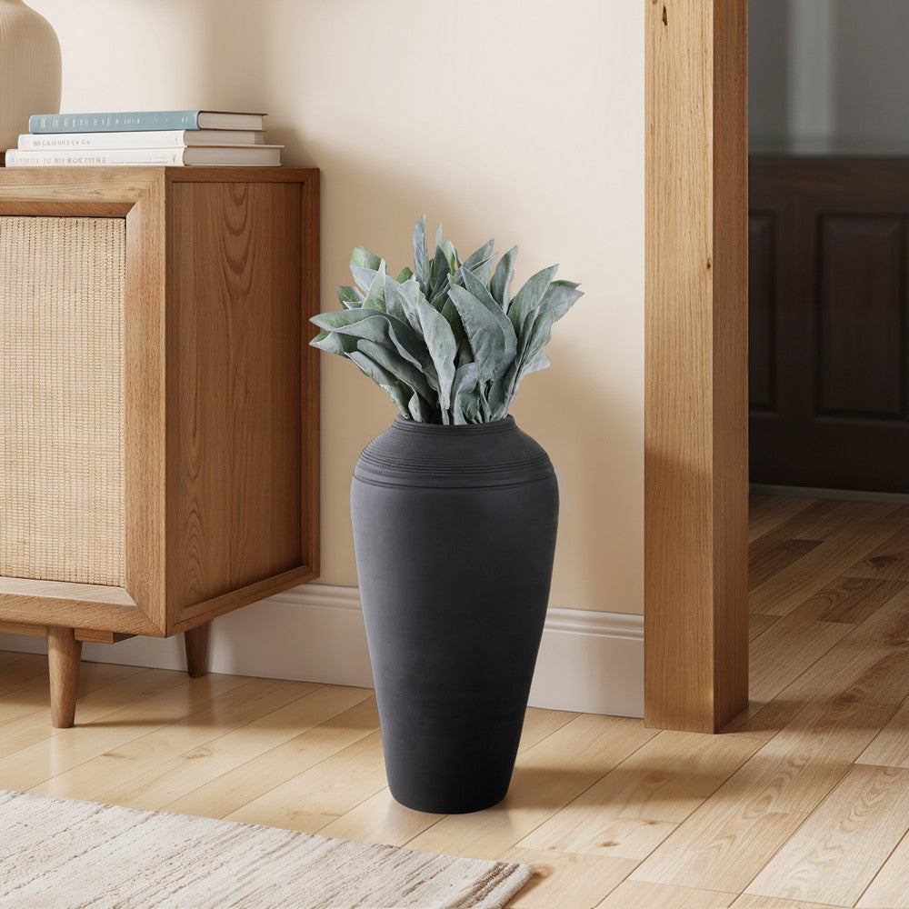 Minimalist Ribbed Texture Floor Flower Vase | 16" | Black Terracotta