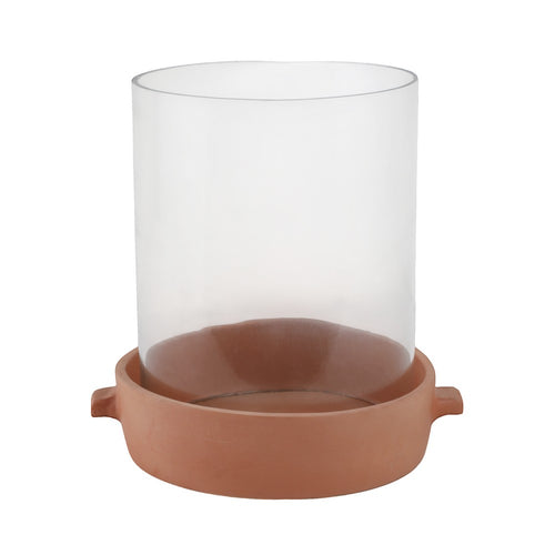 Hurricane Candle Holder | Cylinder Glass | Brown Terracotta Base 13"