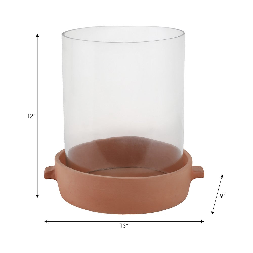 Hurricane Candle Holder | Cylinder Glass | Brown Terracotta Base 13"