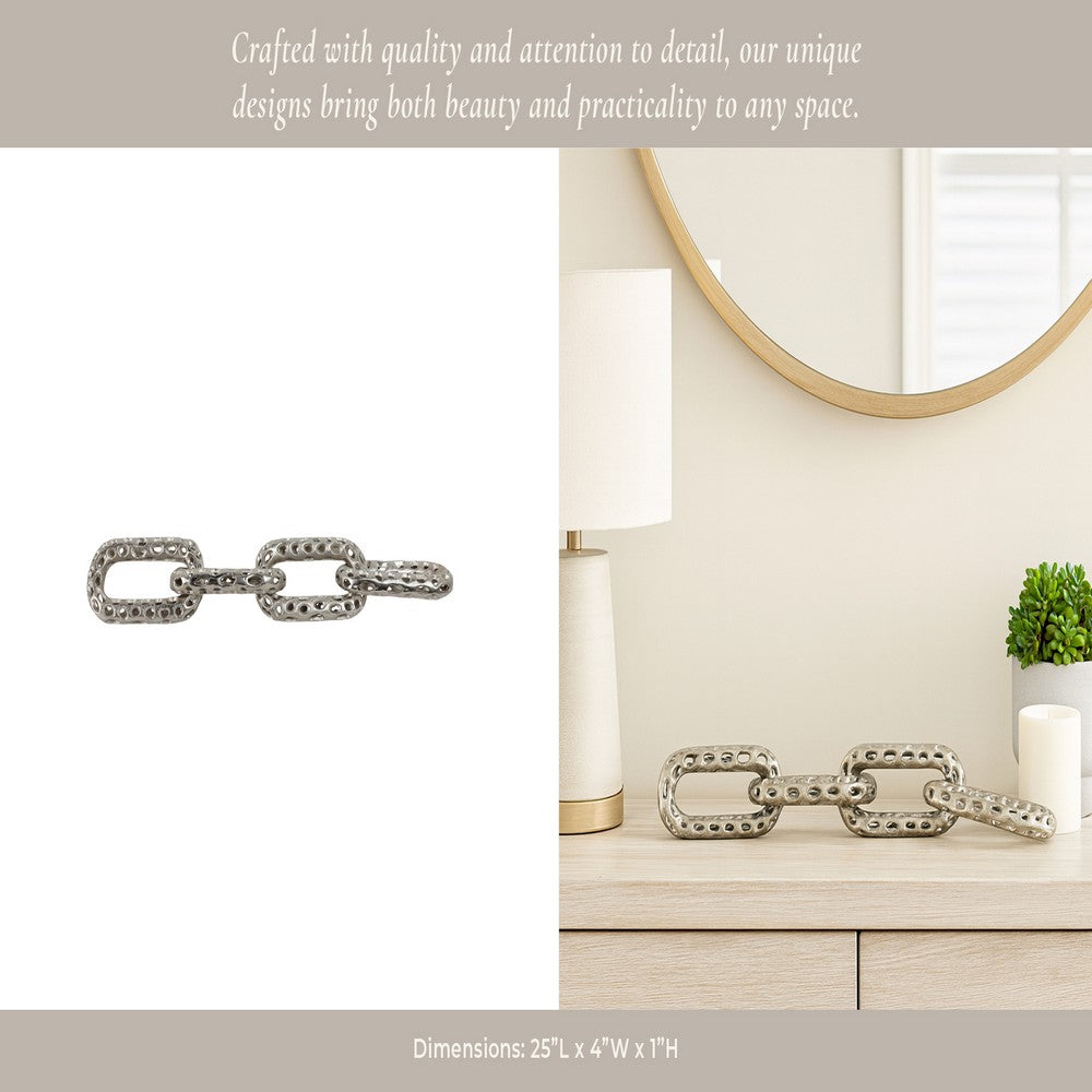 Decorative Chain Link Figurine | Pierced Texture Silver Metal | 25 x 4"