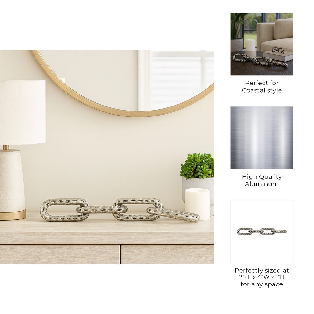 Decorative Chain Link Figurine | Pierced Texture Silver Metal | 25 x 4"