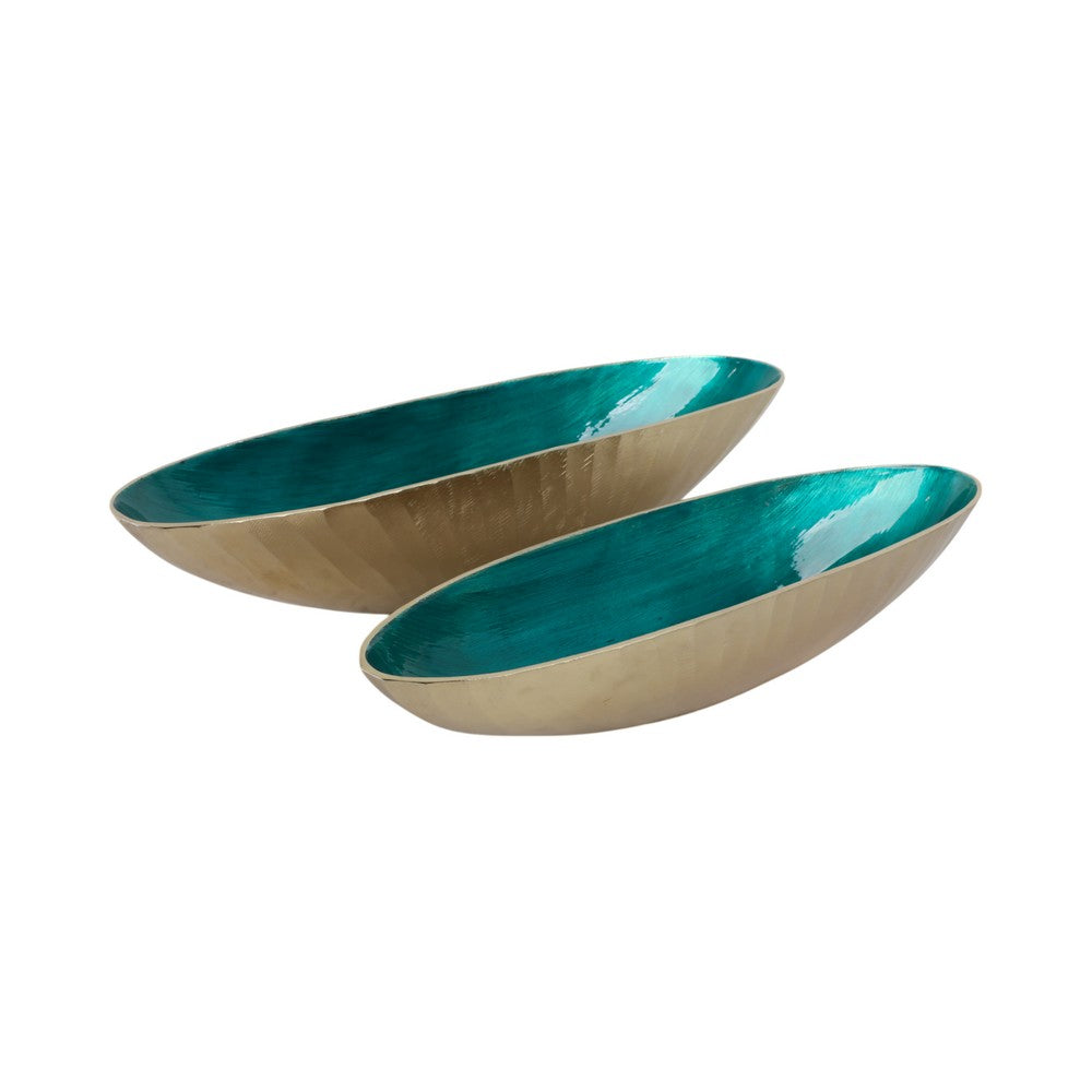 Decorative Oval Bowl Set of 2 | Handcrafted Gold & Blue Metal & Enamel