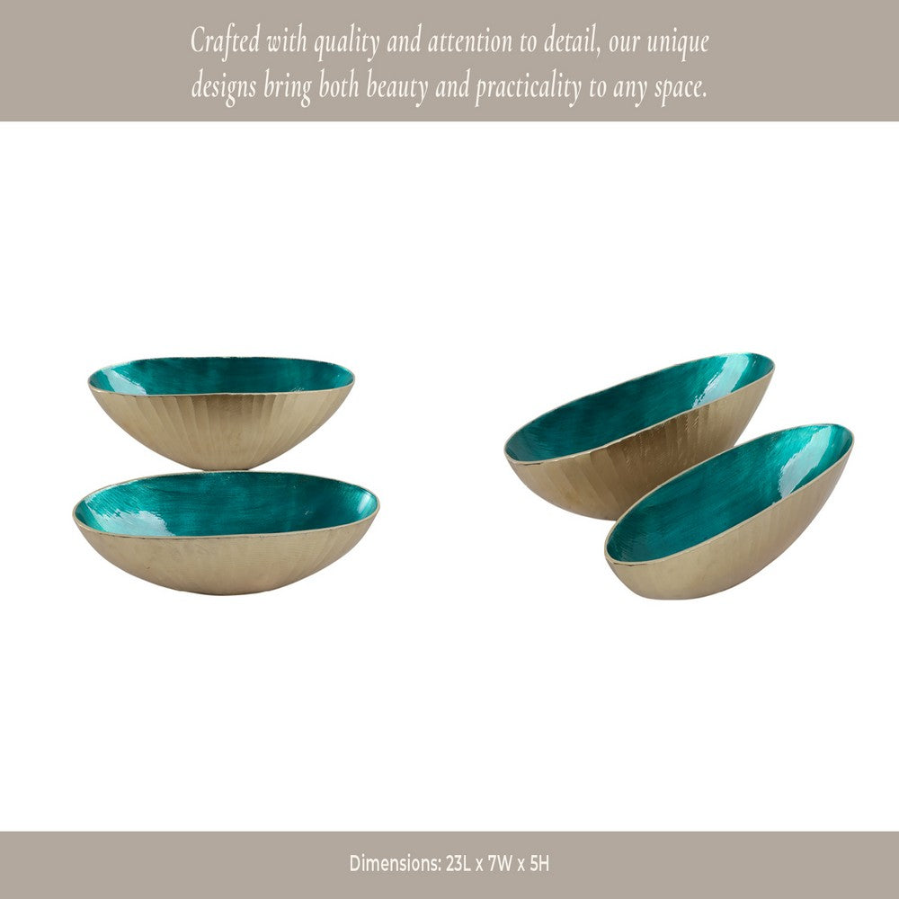 Decorative Oval Bowl Set of 2 | Handcrafted Gold & Blue Metal & Enamel