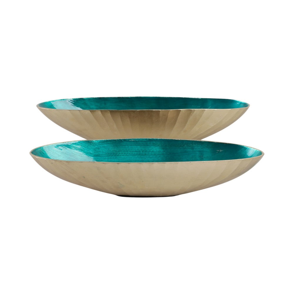 Decorative Oval Bowl Set of 2 | Handcrafted Gold & Blue Metal & Enamel