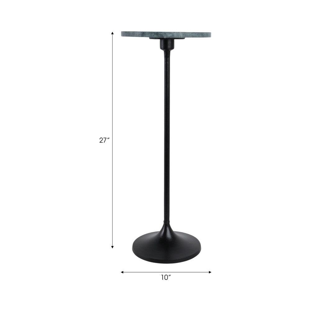 10" Round Accent Drink Table | Trumpet Base | Green Marble | Black Metal Pedestal