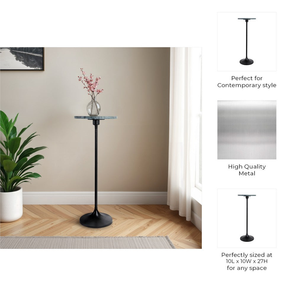 10" Round Accent Drink Table | Trumpet Base | Green Marble | Black Metal Pedestal