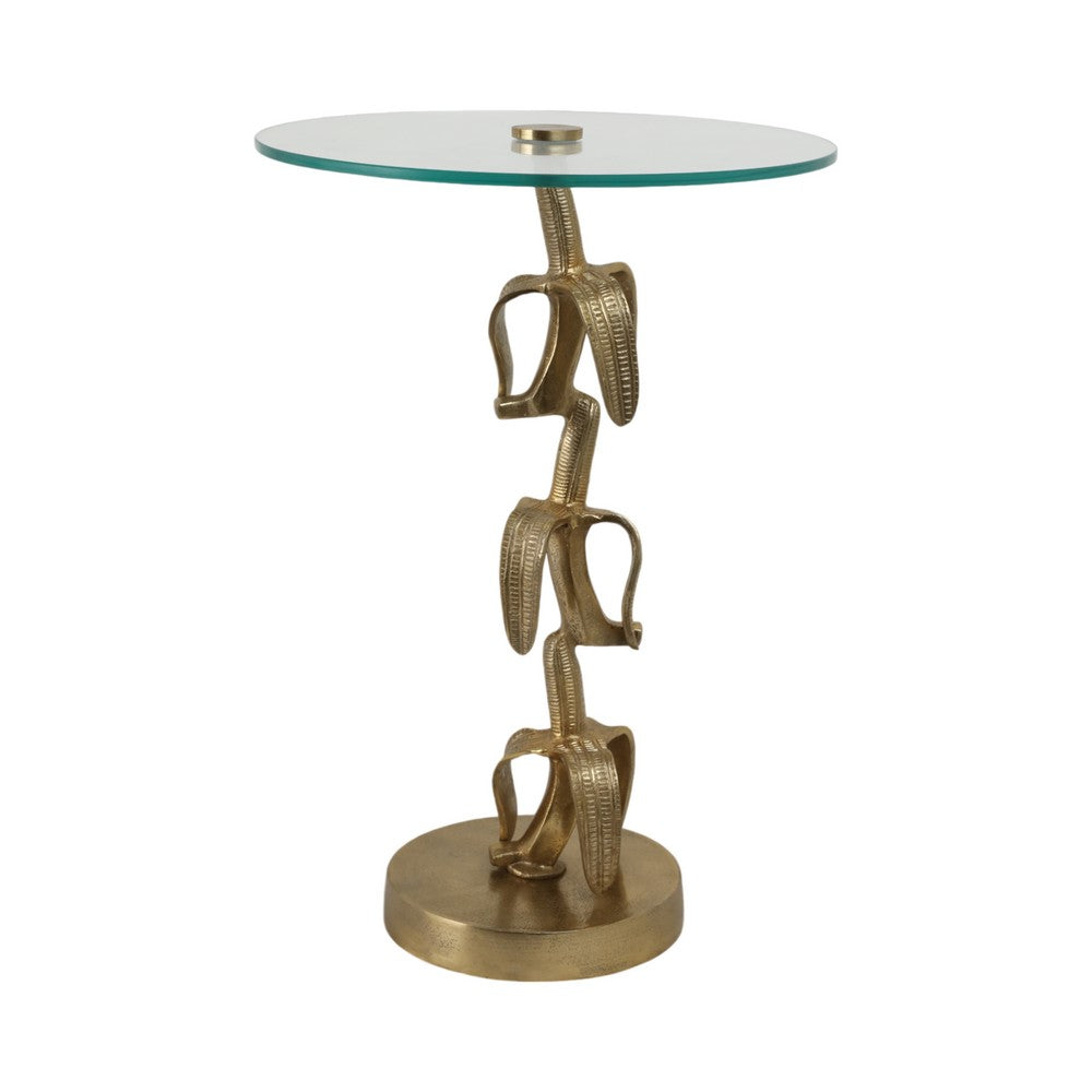 Accent Table | 15" Round Glass Top | Gold Stacked Banana Metal Base