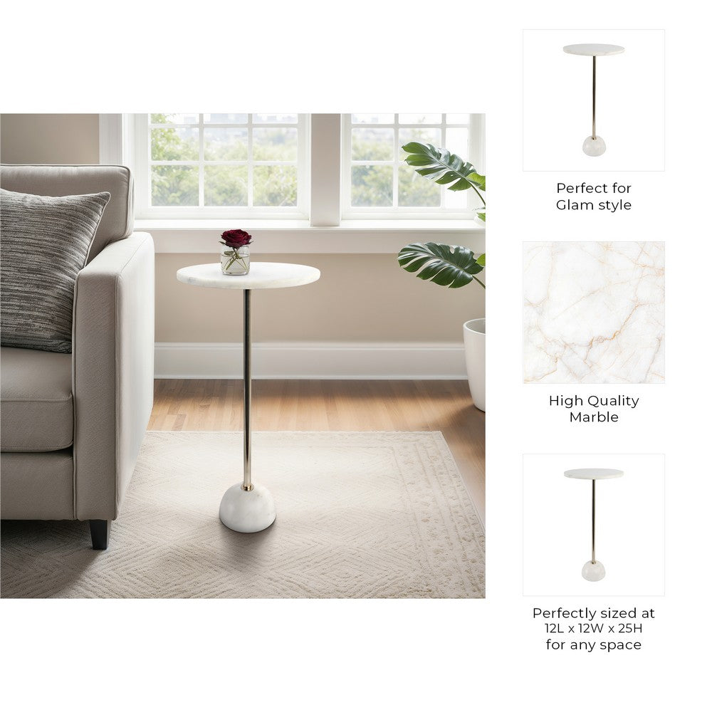 Accent Table | Ball Base | 12" Round White Marble | Gold Metal Pedestal
