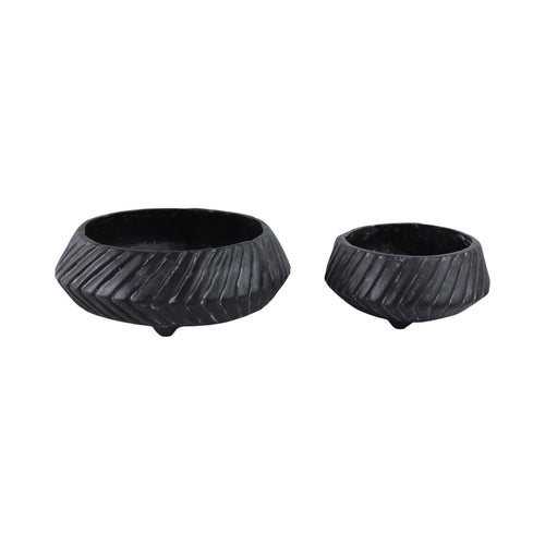 Decorative Bowl Set of 2 | Tapered Shape & Lined Textured | Black Ecomix
