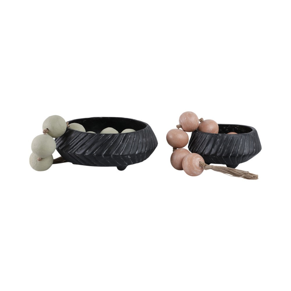 Decorative Bowl Set of 2 | Tapered Shape & Lined Textured | Black Ecomix