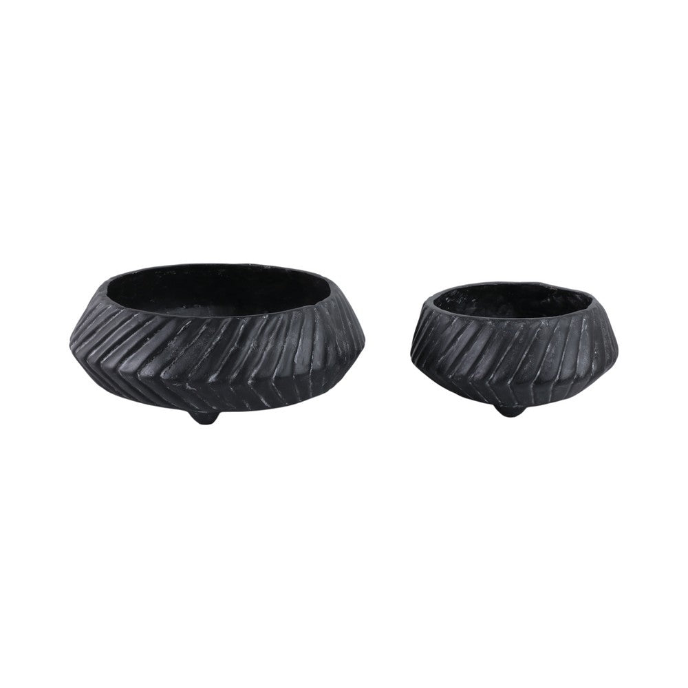 Decorative Bowl Set of 2 | Tapered Shape & Lined Textured | Black Ecomix