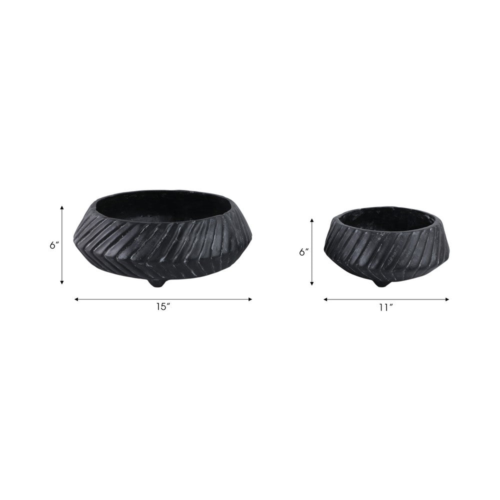 Decorative Bowl Set of 2 | Tapered Shape & Lined Textured | Black Ecomix