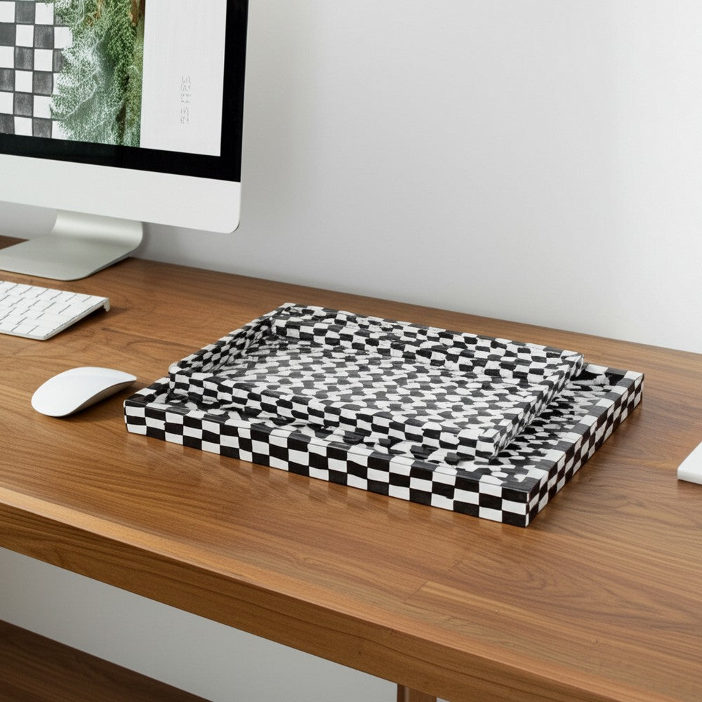 Nesting Decor Tray Set of 3 | Black & White 3D Checkered Pattern Resin