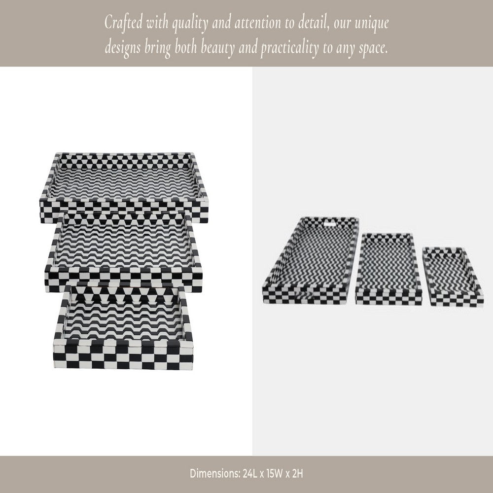 Nesting Decor Tray Set of 3 | Black & White 3D Checkered Pattern Resin