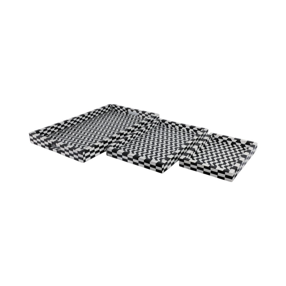 Nesting Decor Tray Set of 3 | Black & White 3D Checkered Pattern Resin