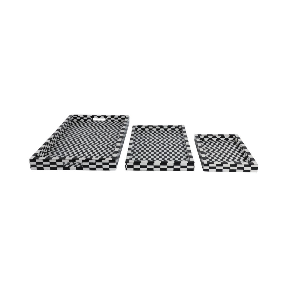 Nesting Decor Tray Set of 3 | Black & White 3D Checkered Pattern Resin