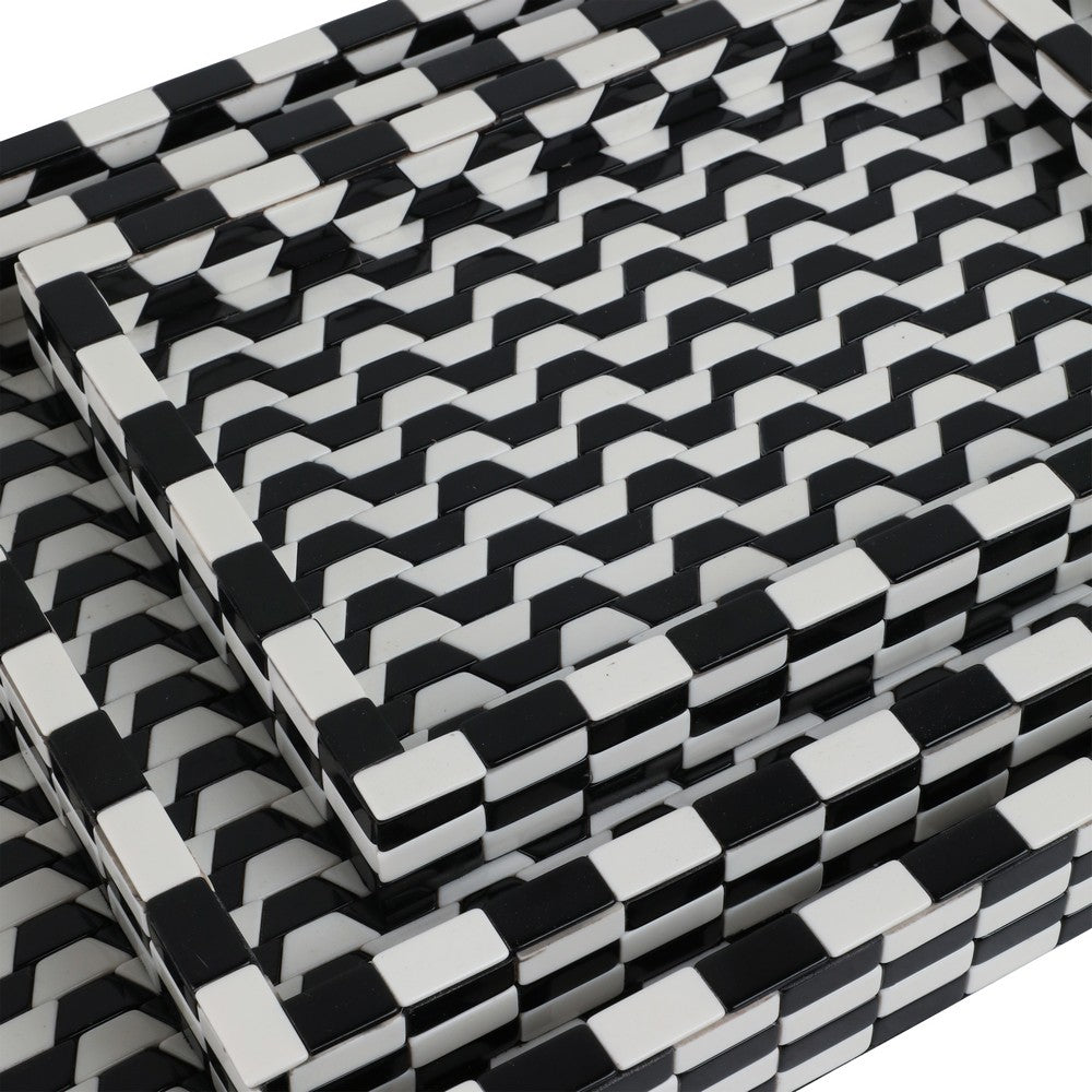 Nesting Decor Tray Set of 3 | Black & White 3D Checkered Pattern Resin