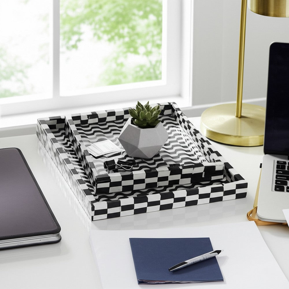Nesting Decor Tray Set of 3 | Black & White 3D Checkered Pattern Resin