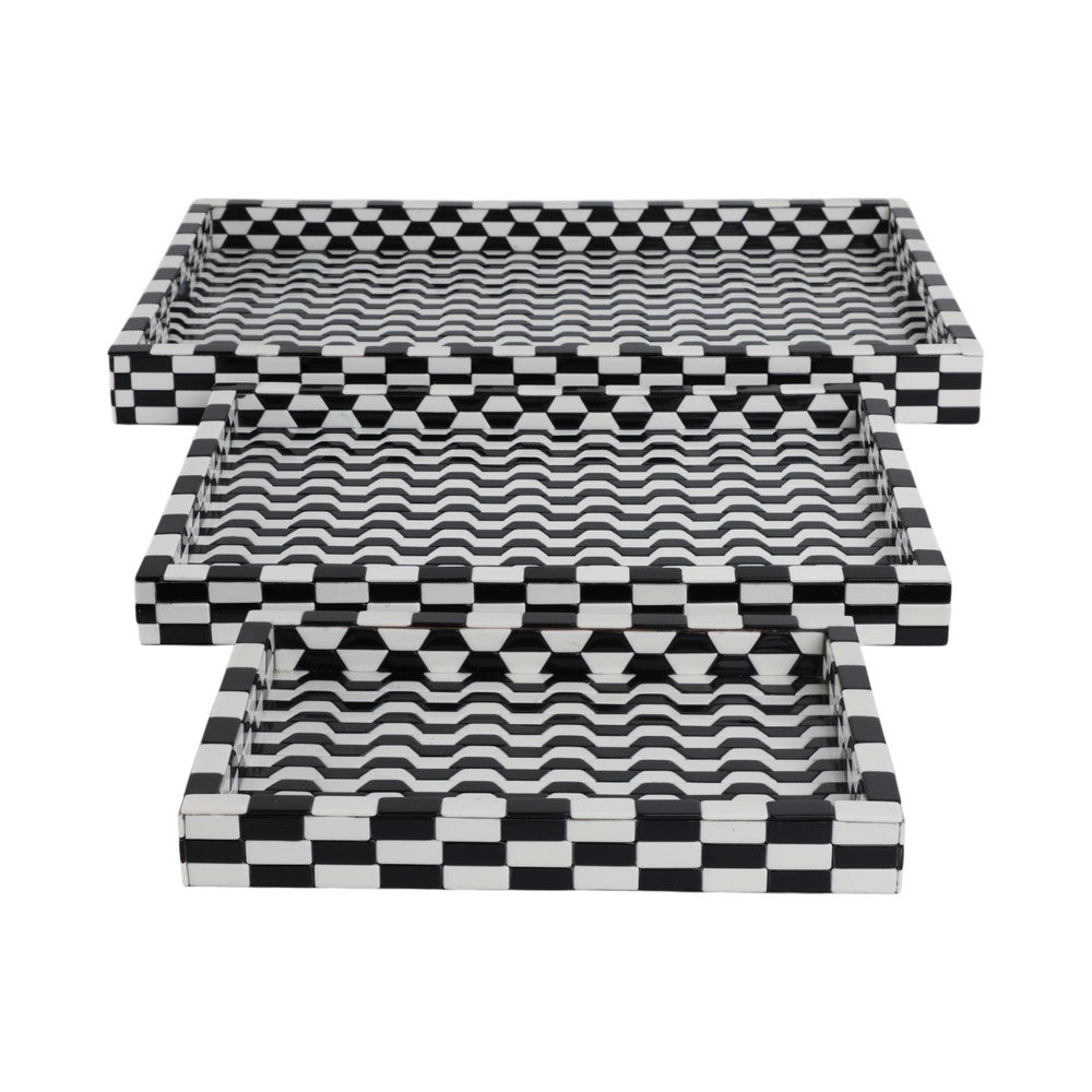 Nesting Decor Tray Set of 3 | Black & White 3D Checkered Pattern Resin