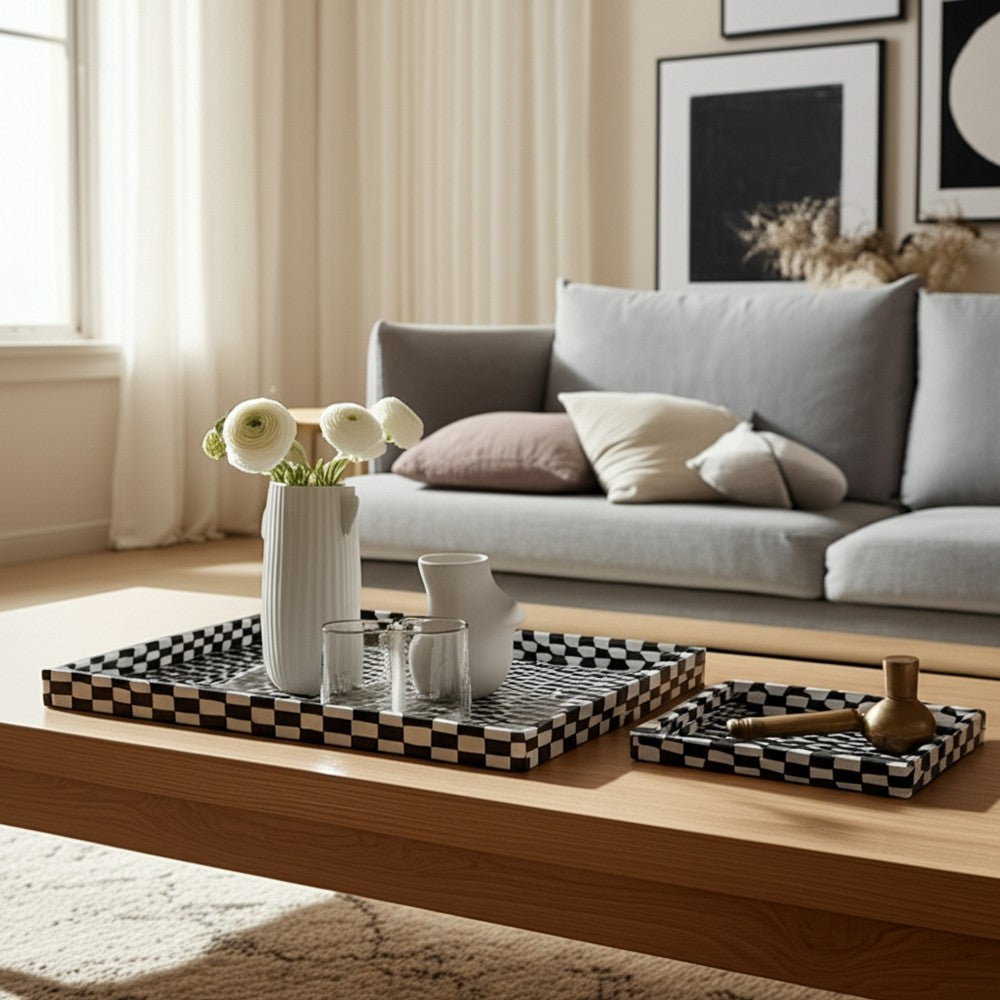 Nesting Decor Tray Set of 3 | Black & White 3D Checkered Pattern Resin