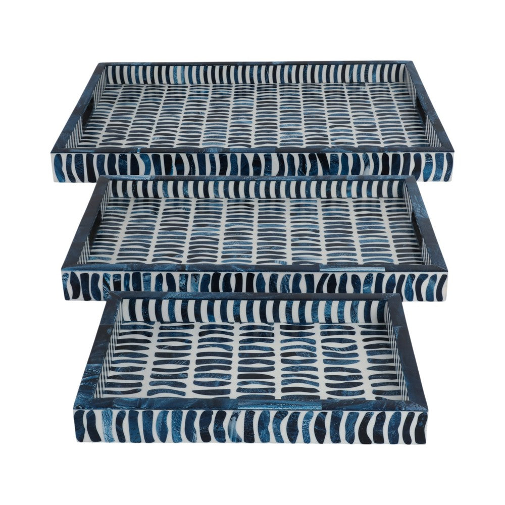 3pc Decorative Serving Trays w White Inlay | 13 | 18 | 24 Blue Resin