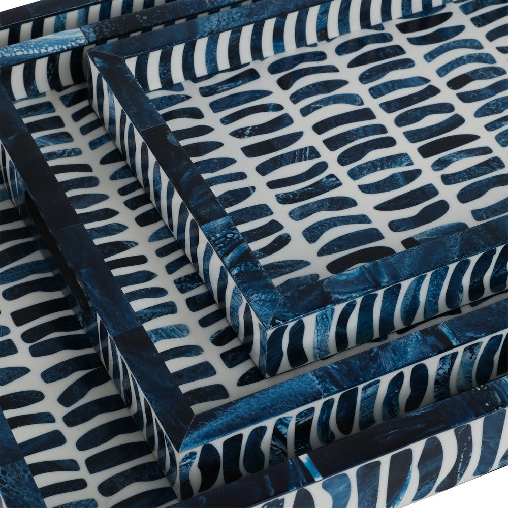 3pc Decorative Serving Trays w White Inlay | 13 | 18 | 24 Blue Resin