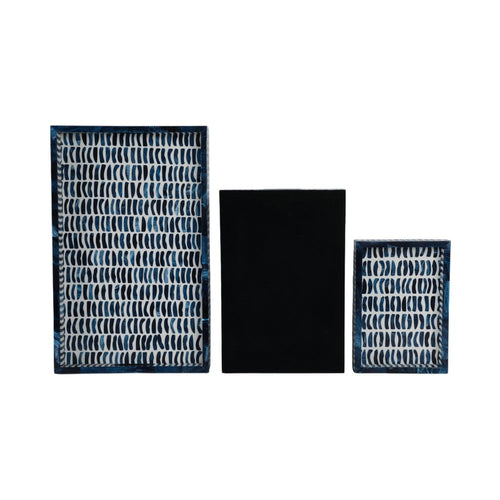 3pc Decorative Serving Trays w White Inlay | 13 | 18 | 24 Blue Resin
