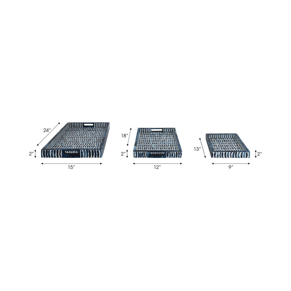 3pc Decorative Serving Trays w White Inlay | 13 | 18 | 24 Blue Resin