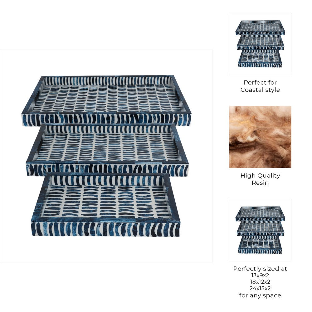 3pc Decorative Serving Trays w White Inlay | 13 | 18 | 24 Blue Resin