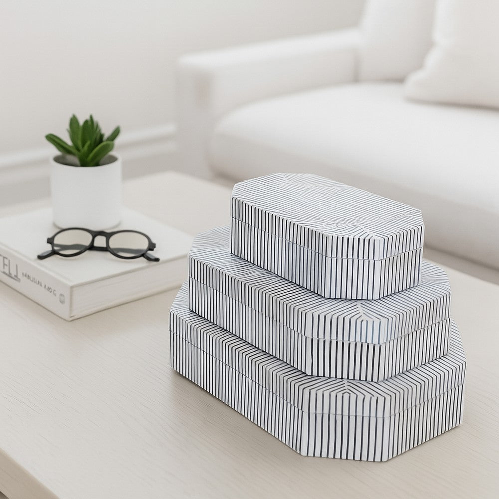 Trinket Box Set of 3 | Octagon Shaped Black Grooved Lines on White Resin