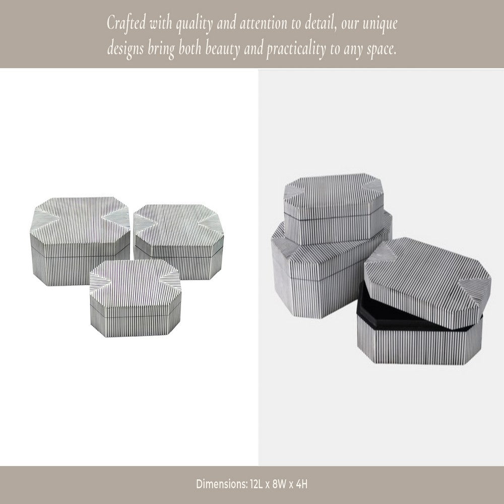 Trinket Box Set of 3 | Octagon Shaped Black Grooved Lines on White Resin