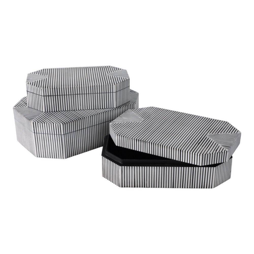 Trinket Box Set of 3 | Octagon Shaped Black Grooved Lines on White Resin