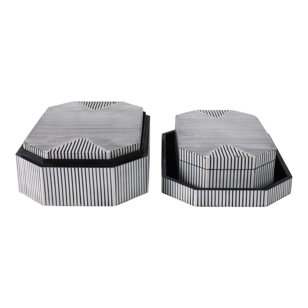 Trinket Box Set of 3 | Octagon Shaped Black Grooved Lines on White Resin