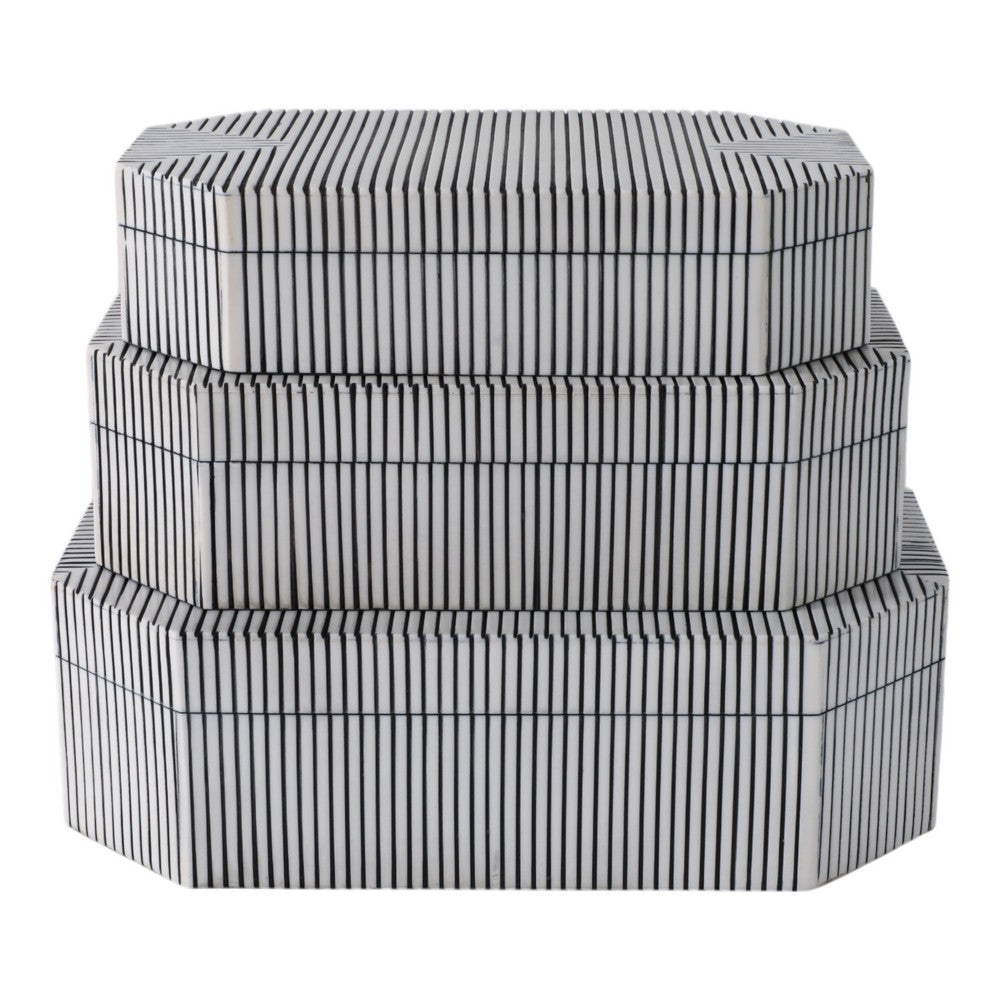 Trinket Box Set of 3 | Octagon Shaped Black Grooved Lines on White Resin