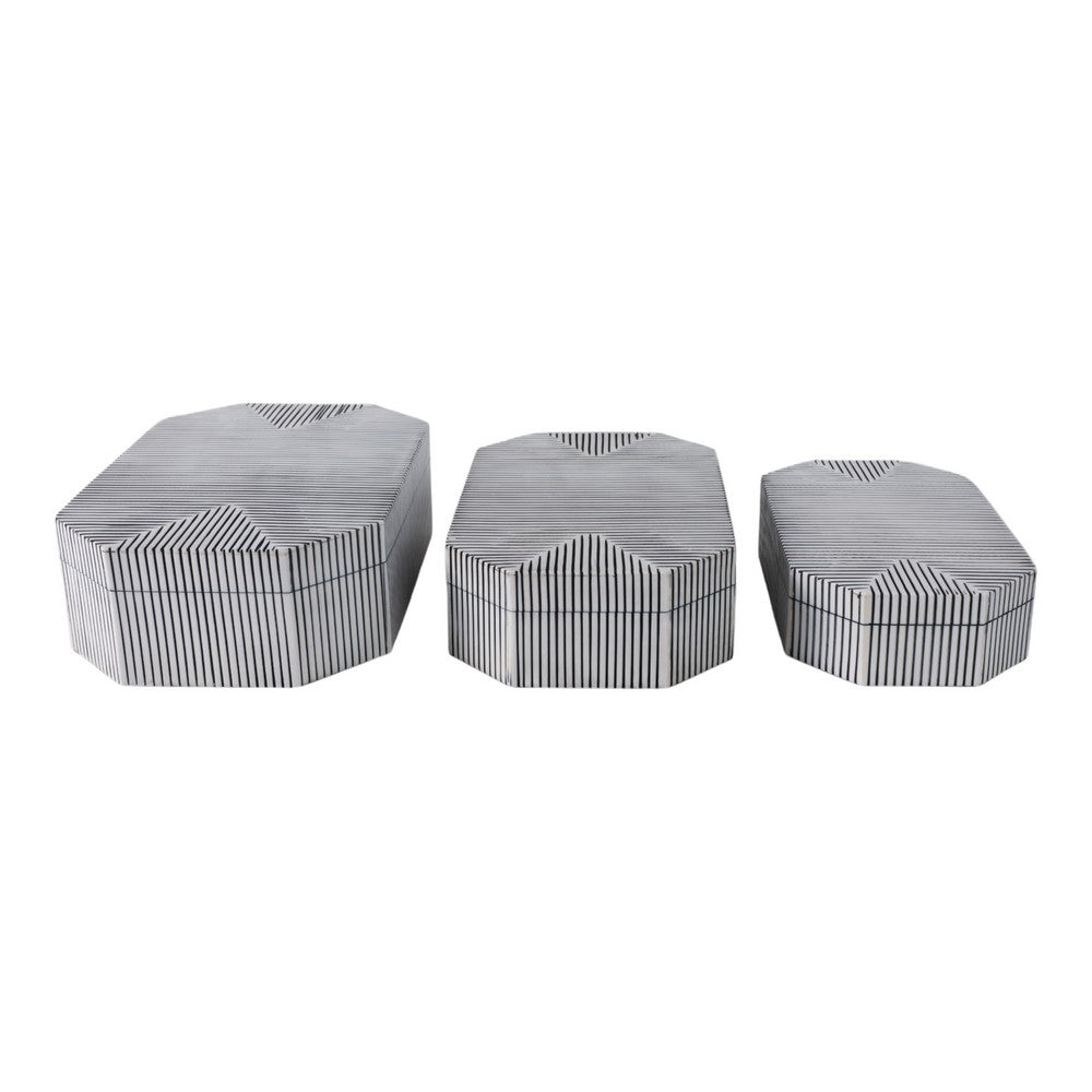 Trinket Box Set of 3 | Octagon Shaped Black Grooved Lines on White Resin